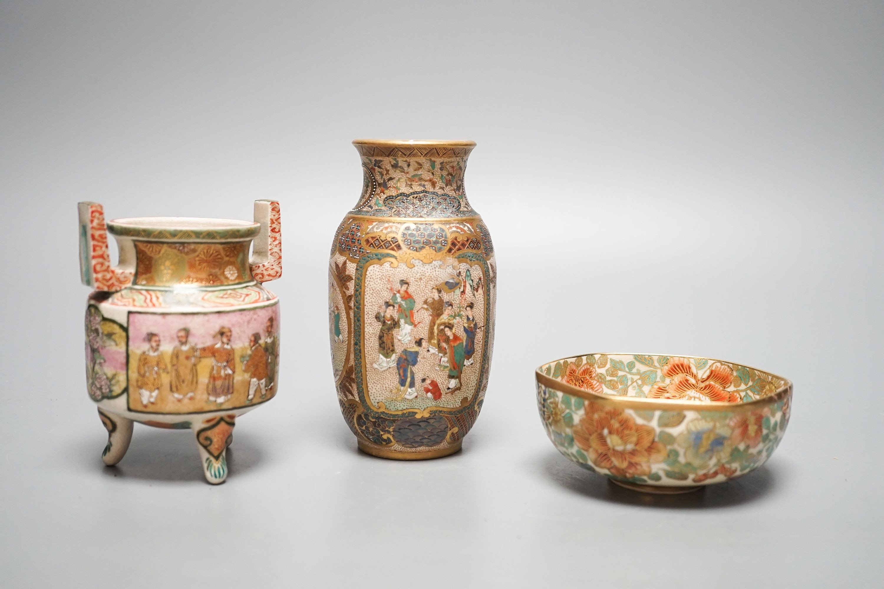 Three Japanese Meiji Satsuma wares - a vase, 22.5cm, a koro and a bowl